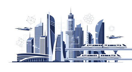 Fototapeta premium Modern Cityscape with Skyscrapers and Airplanes in Blue Monochrome.
