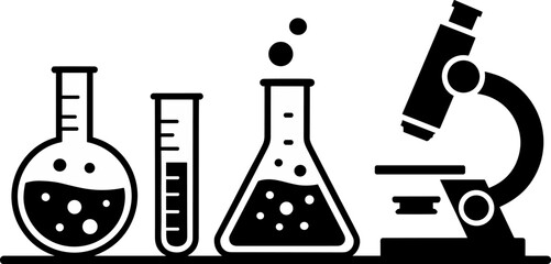 Obraz premium Scientific Laboratory Equipment Icon Set Featuring Boiling Erlenmeyer Flask, Round Bottom Flask, Graduated Test Tube, and Optical Microscope for Research, Education, and Science Biotechnology Concept