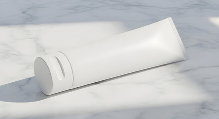 White cosmetic tube on marble surface for skincare or beauty product