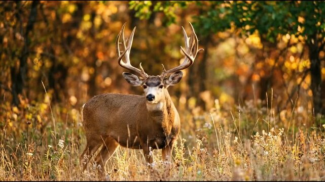 Large male deer with impressive antlers standing peacefully in a sunlit autumn forest field
