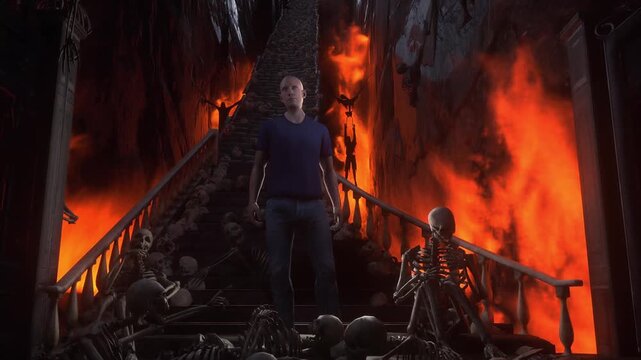 Man in hell. Sinner. A lonely sinfull man stands in front of a hell gates. Hell fire. Religious concept. Realistic 4k animation.