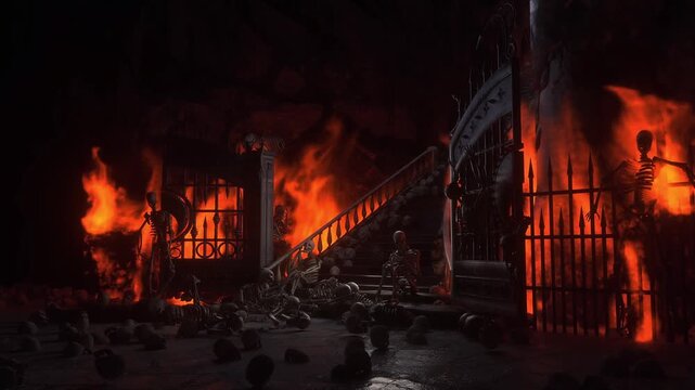 Hell gates. Road to hell fire. Devil portal. Sinner. Religious concept. Realistic 4k animation.