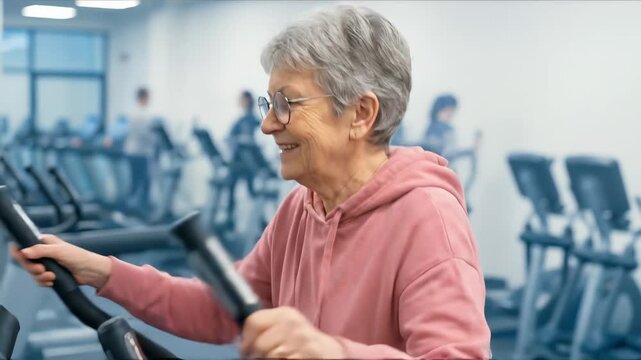 Joyful older woman smiling while exercising on an elliptical cross trainer at a contemporary fitness center
