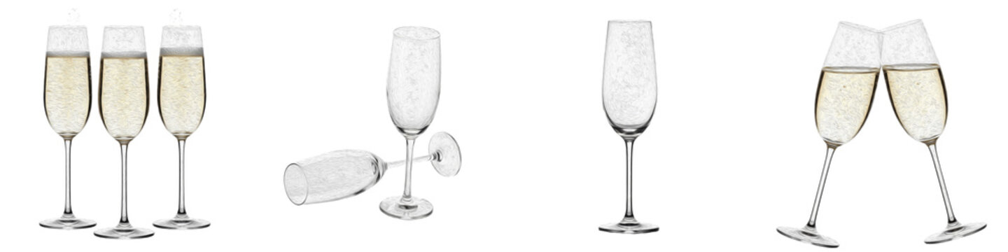 Champagne Glass Set PNG, Isolated White Background, Sparkling Wine Flutes, Toasting Glasses, Empty and Full Crystal Stemware, Celebration Drinkware Clipart, Prosecco