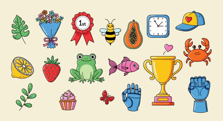 Collection of colorful cartoon icons representing various objects and animals arranged neatly on a plain background from a straightforward viewpoint