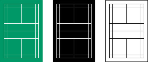Badminton court set in outline and silhouette style with white, black, and green colors. Clean top view sport court illustration for posters, apps, infographics, education, and graphic design use. © Slamet