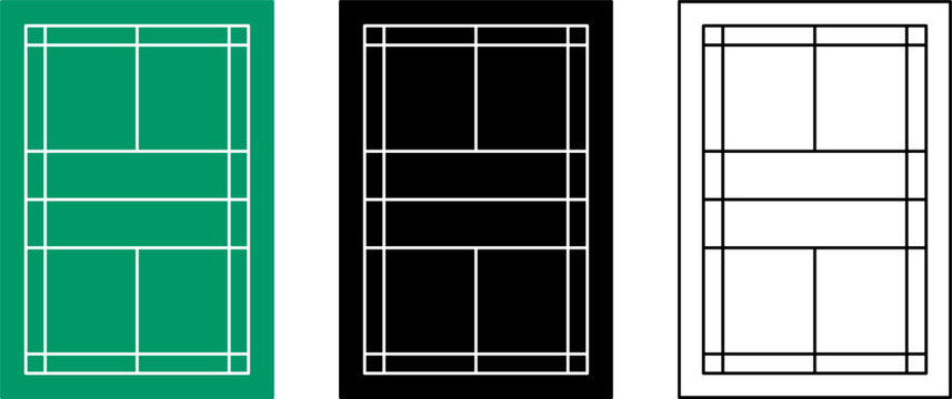 Badminton court set in outline and silhouette style with white, black, and green colors. Clean top view sport court illustration for posters, apps, infographics, education, and graphic design use.