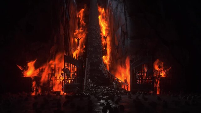 Hell gates. Road to hell fire. Devil portal. Sinner. Religious concept. Realistic 4k animation.