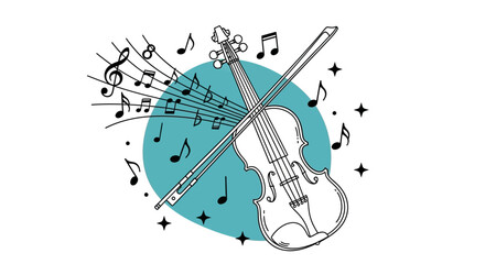Violin and flute intertwined with floating musical notes in a harmonious illustration from a centered viewpoint
