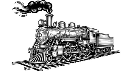 Vintage train illustration on railway tracks with smoke emitting from the locomotive engine viewed from the side © John