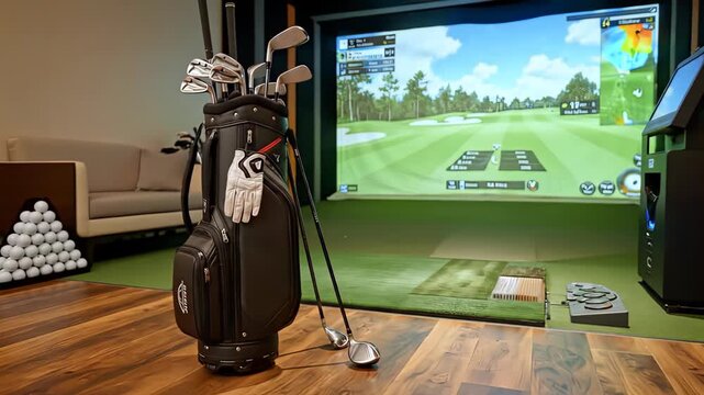 Indoor Golf Simulator Setup with Golf Bag, Clubs, and Golf Balls for Practice and Entertainment.