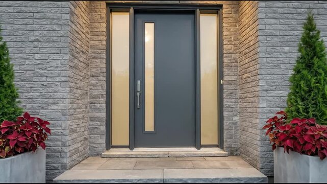 Modern contemporary home entrance with dark grey door stone facade and vibrant red plants