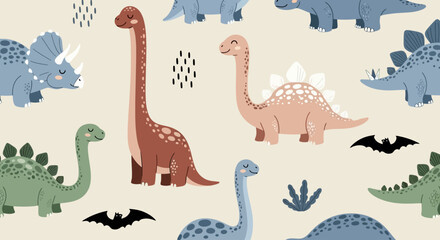 Various dinosaurs in different colors and species standing together in a prehistoric landscape viewed from above © John