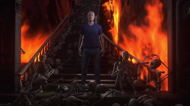 Man in hell. Sinner. A lonely sinfull man stands in front of a hell gates. Hell fire. Religious concept. Realistic 4k animation.