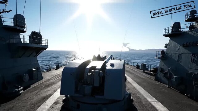 military ship deck with artillery gun and sea view in naval blockade zone