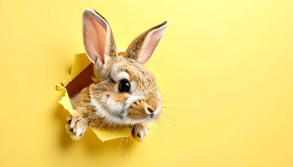 Fototapeta premium Süßer Osterhase schaut durch Papierloch auf gelbem Hintergrund