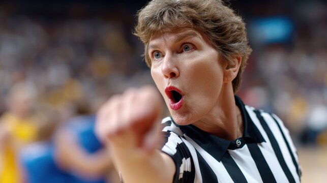 sports referee, female basketball referee in the spotlight, blowing her whistle and indicating a foul as players react in the background