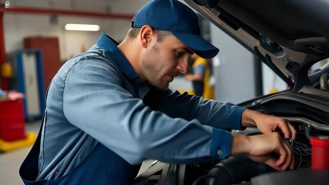 smiling car mechanic in blue uniform and cap checking engine of modern car in workshop