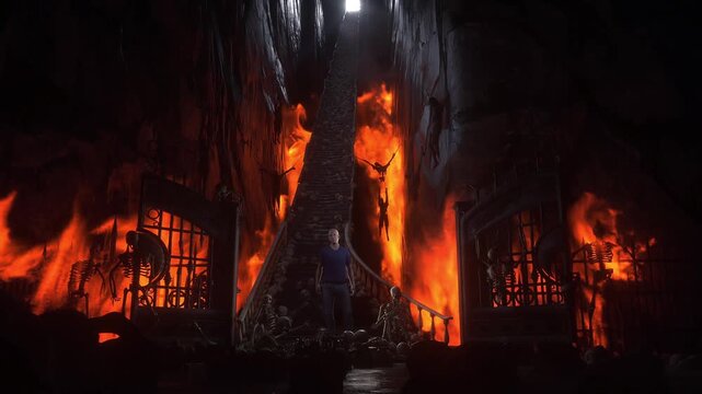 Man in hell. Sinner. A lonely sinfull man stands in front of a hell gates. Hell fire. Religious concept. Realistic 4k animation.