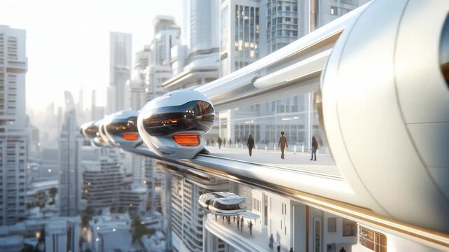 Futuristic autonomous pods glide above a sprawling metropolis, offering a glimpse into the future of urban transportation