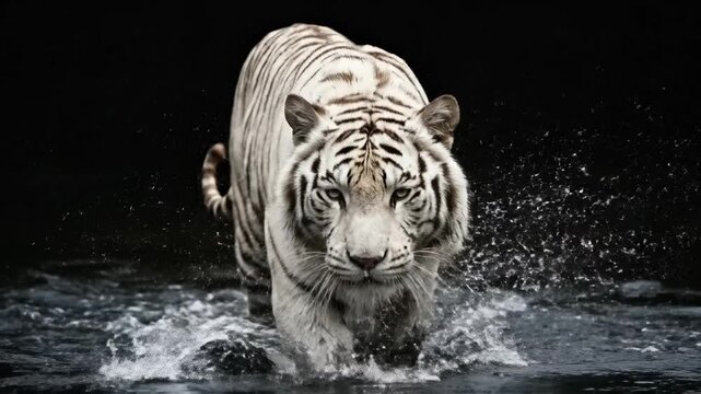 White tiger walking through dark water with intense gaze and splashing ripples