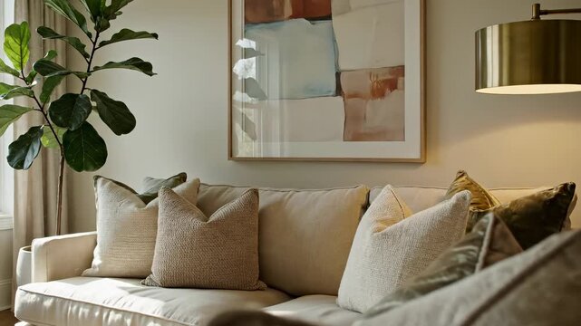 Bright modern living room interior with sofa, textured pillows, fiddle leaf fig, and abstract art.