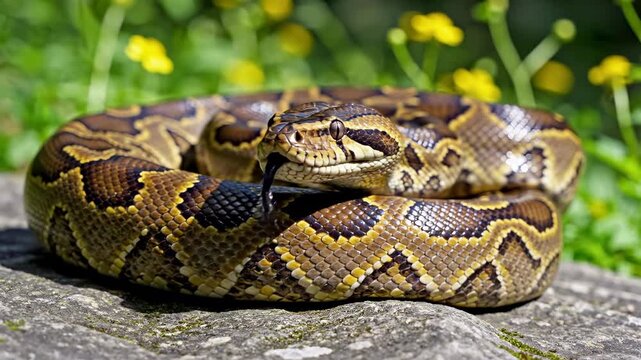 Coiled python snake resting on a rock surface outdoors amidst green foliage and wildflowers