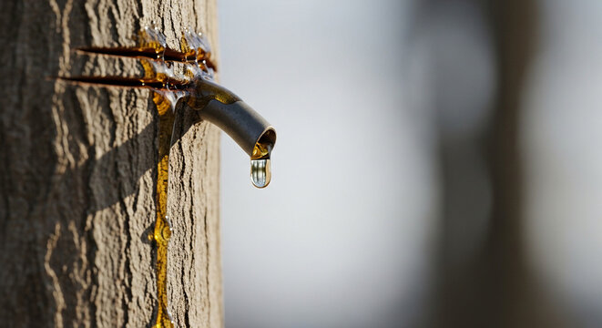 Maple syrup dripping from metal tap in tree trunk