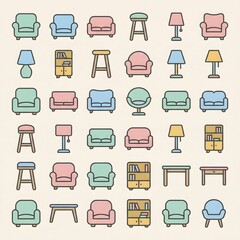 Modern furniture icon set, pastel flat style, chairs sofas lamps tables, home interior elements