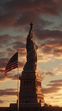 Statue of Liberty with American flag at sunset under dramatic sky.