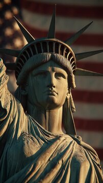 Close-up view of the Statue of Liberty's face and crown against a blurred background.