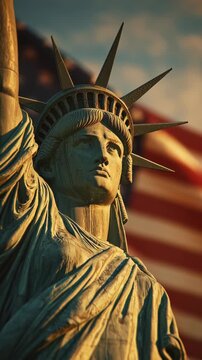 Close-up view of the Statue of Liberty with American flag in the background.