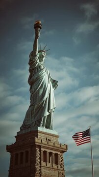 Statue of Liberty standing tall against a cloudy sky with an American flag waving nearby.