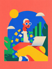 Fototapeta premium Trendy Social Marketer Working on Laptop with Organic Growth Charts: A vibrant flat vector illustration of a stylish digital marketer analyzing growth data on a laptop, surrounded by tropical plants