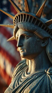 Close-up of the Statue of Liberty with American flag in background.