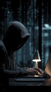 Hacker in dark hoodie working on laptop with digital code background.