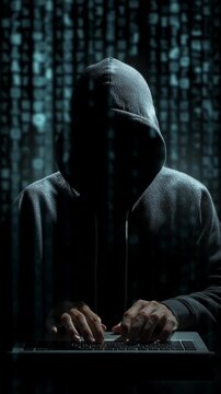 Hacker Mysterious hooded figure typing on keyboard in dark environment with digital code overlay.