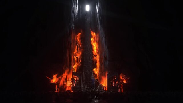 Man in hell. Sinner. A lonely sinfull man stands in front of a hell gates. Hell fire. Religious concept. Realistic 4k animation.