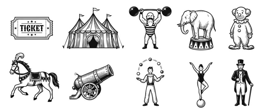 Vintage circus illustrations including ticket, tent, strongman, elephant, clown, horse, juggler, ballerina, ringmaster