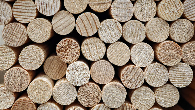 A close-up view of neatly arranged wooden dowels. The dowels are cylindrical, showcasing various textures and patterns of natural wood grain.