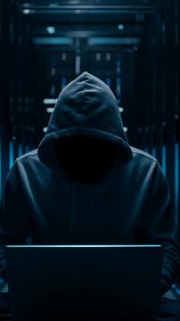 Hacker Mysterious hooded figure working on laptop in dark room with blue lighting.