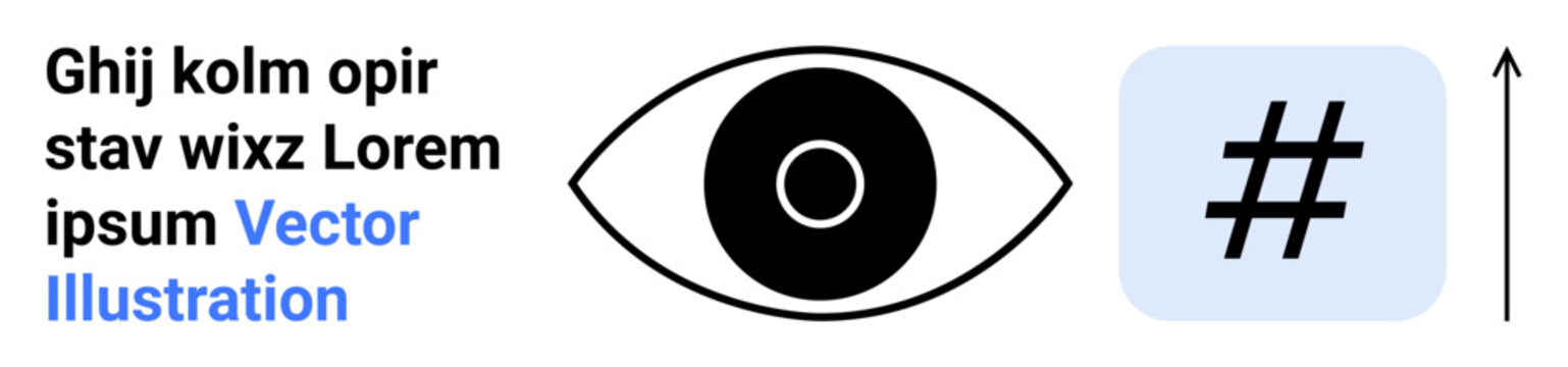 Eye graphic with central focus, metadata tag block, and upward arrow. Ideal for vision, analytics, trends, innovation, digital growth design and technology. Perfect for simple landing page