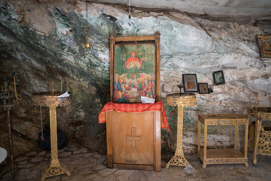 Interior of The old chapel of Panagia surrounded by nature near Neda Waterfalls in Greece