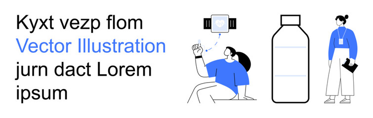 Fototapeta premium Healthcare technology, fitness tracking, innovation, communication, digital lifestyle, wellness monitoring. Abstract figures with smartwatch and gadget, large bottle. Healthcare technology