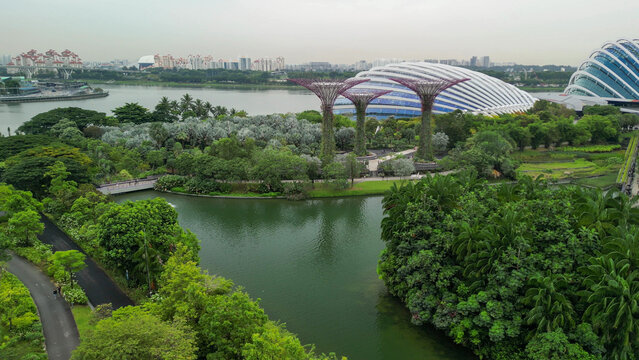 Panoramic aerial view of Gardens by the Bay Singapore with modern structures and outdoor spaces