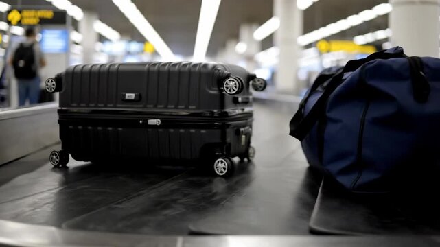 Close-up of a black hard shell suitcase and a blue duffel bag moving on a luggage conveyor belt in a blurry airport arrival hall. Concept of arrival and end of the journey
