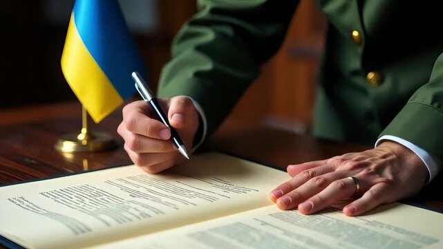 military officer in green uniform signing official document with pen in ukrainian cabinet