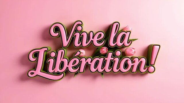 pink tulips bouquet on pink background with vive la liberation text in french language