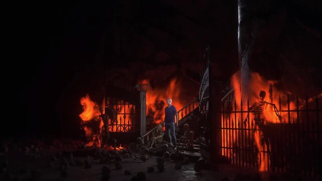 Hell gates. Road to hell fire. Devil portal. Sinner. Religious concept. Realistic 4k animation.