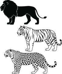 Fototapeta premium Three big cats illustrated in different patterns and profiles on a white background.